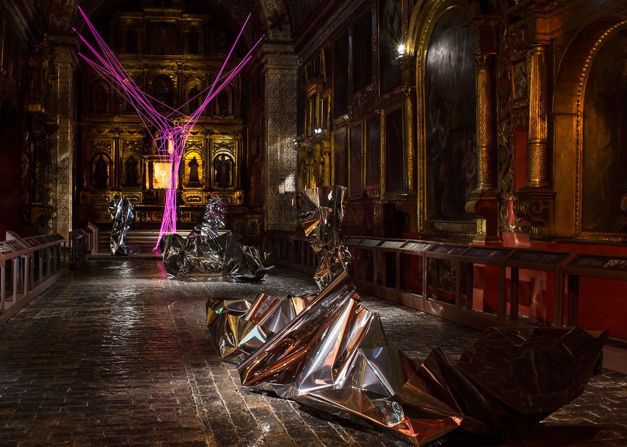 Aldo Chaparro, Portal. Stainless steel and electroluminescent wires installation. 2013. Installation view at the Church of Santa Clara in Bogotá, Colombia. Photo by Manuel Velazquez, courtesy PEANA Projects.