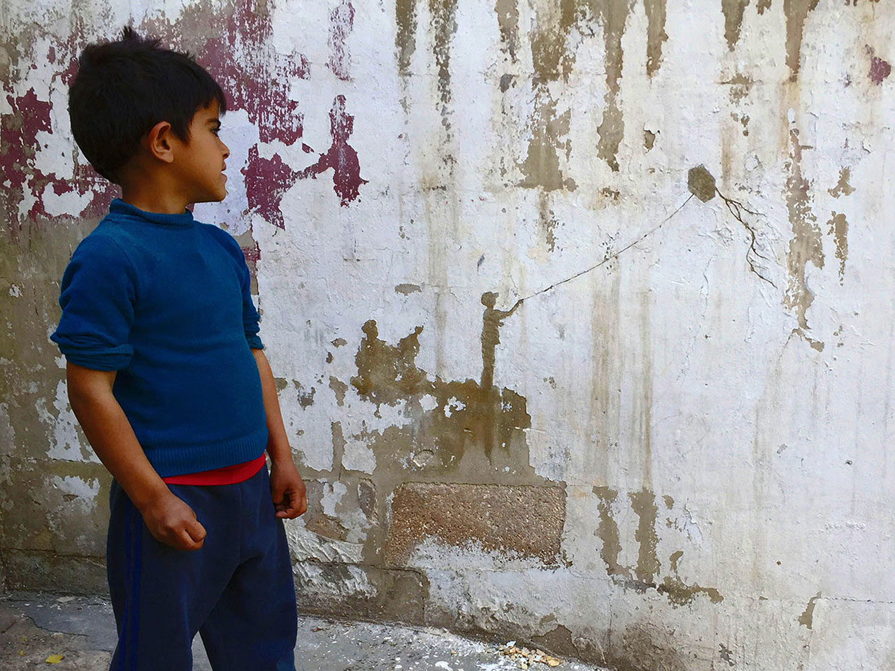 Pejac, Kite, Al-Hussein Palestinian, refugee camp, Amman, Jordan, 2016.