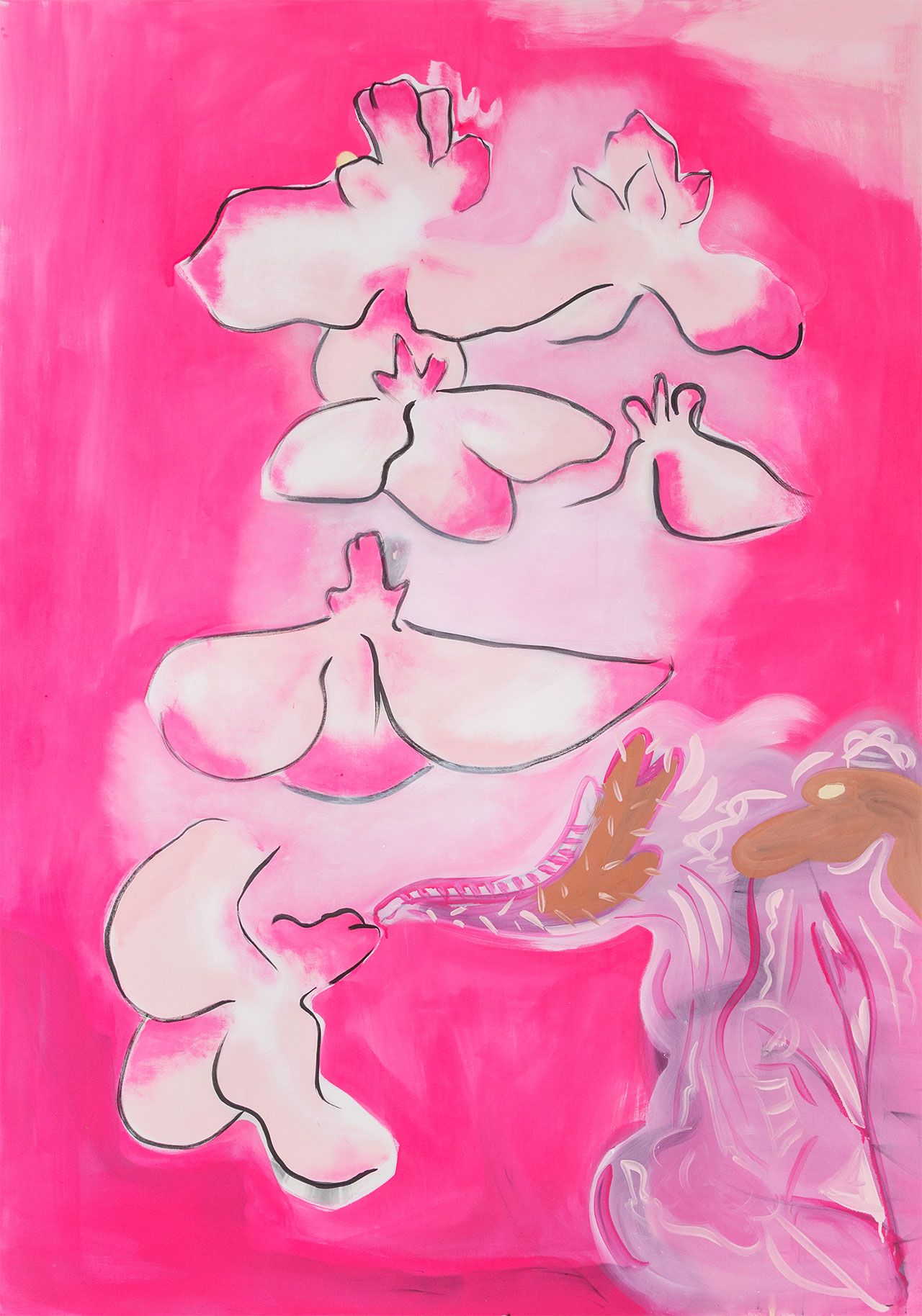Sofia Stevi, Mary’s pink, 2017. Ink, acrylic, gouache on cotton, 200x140 cm. Courtesy The Breeder.