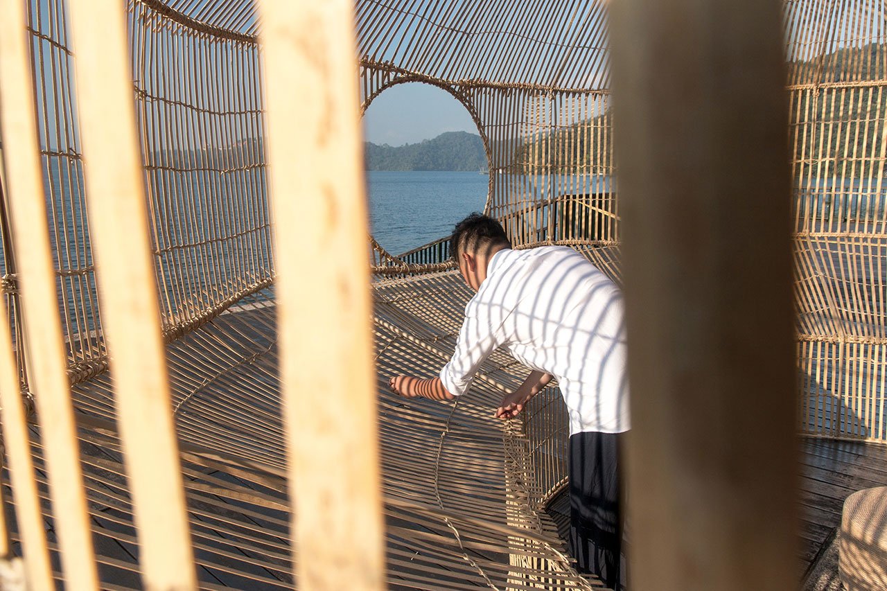 Cheng-Tsung Feng, Fish Trap House, 2017. Installation view at Ita Thao Pier, Sun Moon Lake, Nantou, Taiwan. Bamboo, Rattan, Stainless steel, 500x500x330cm. Photo by Chong Sheng Hsu.