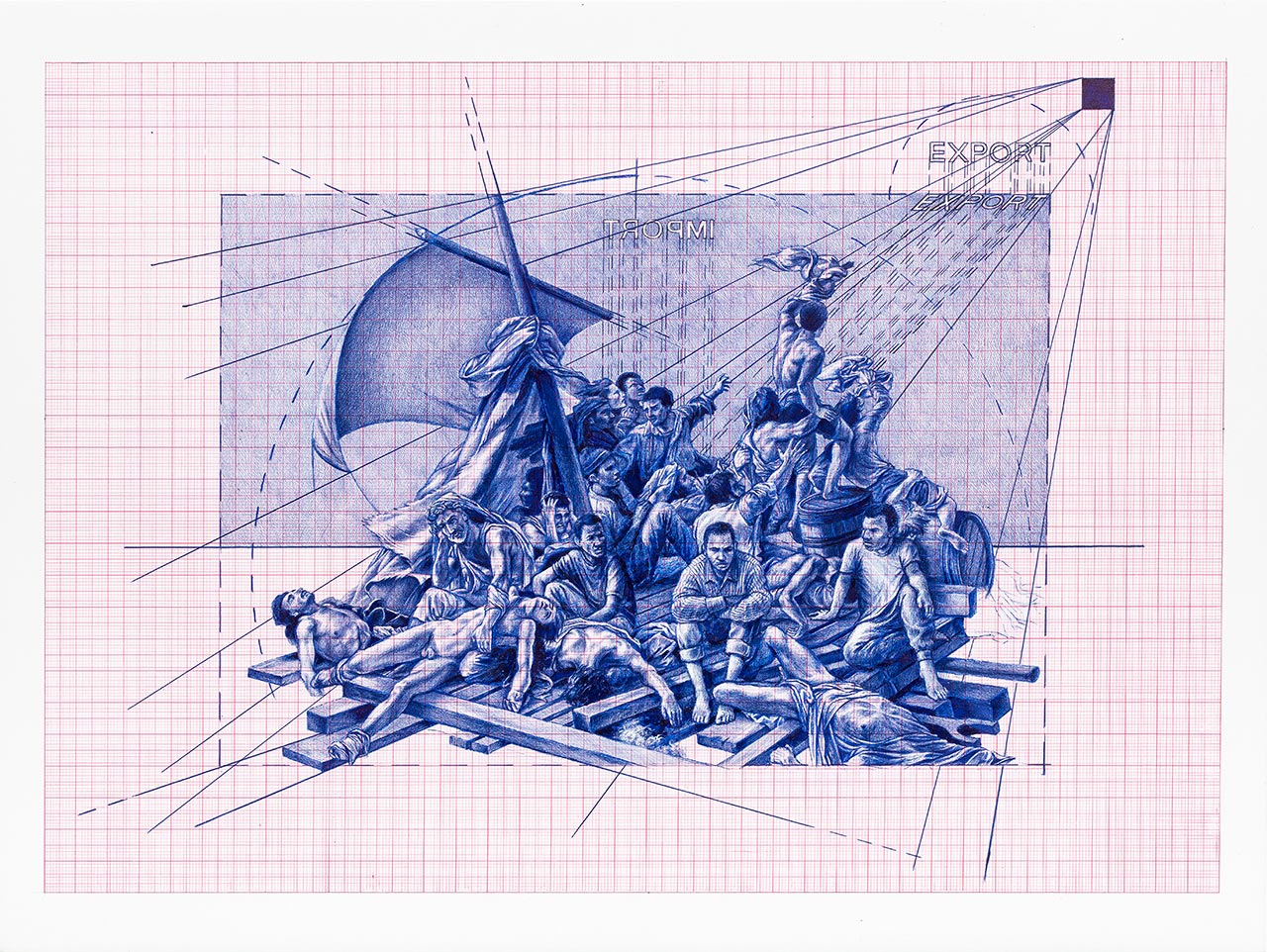Giuseppe Stampone, Liberté, Égalité,  Fraternité (La zattera della Medusa), 2017. Ball point pen on wooden panel, 40×30 cm © Giuseppe Stampone, MLF | Marie-Laure Fleisch Gallery.
