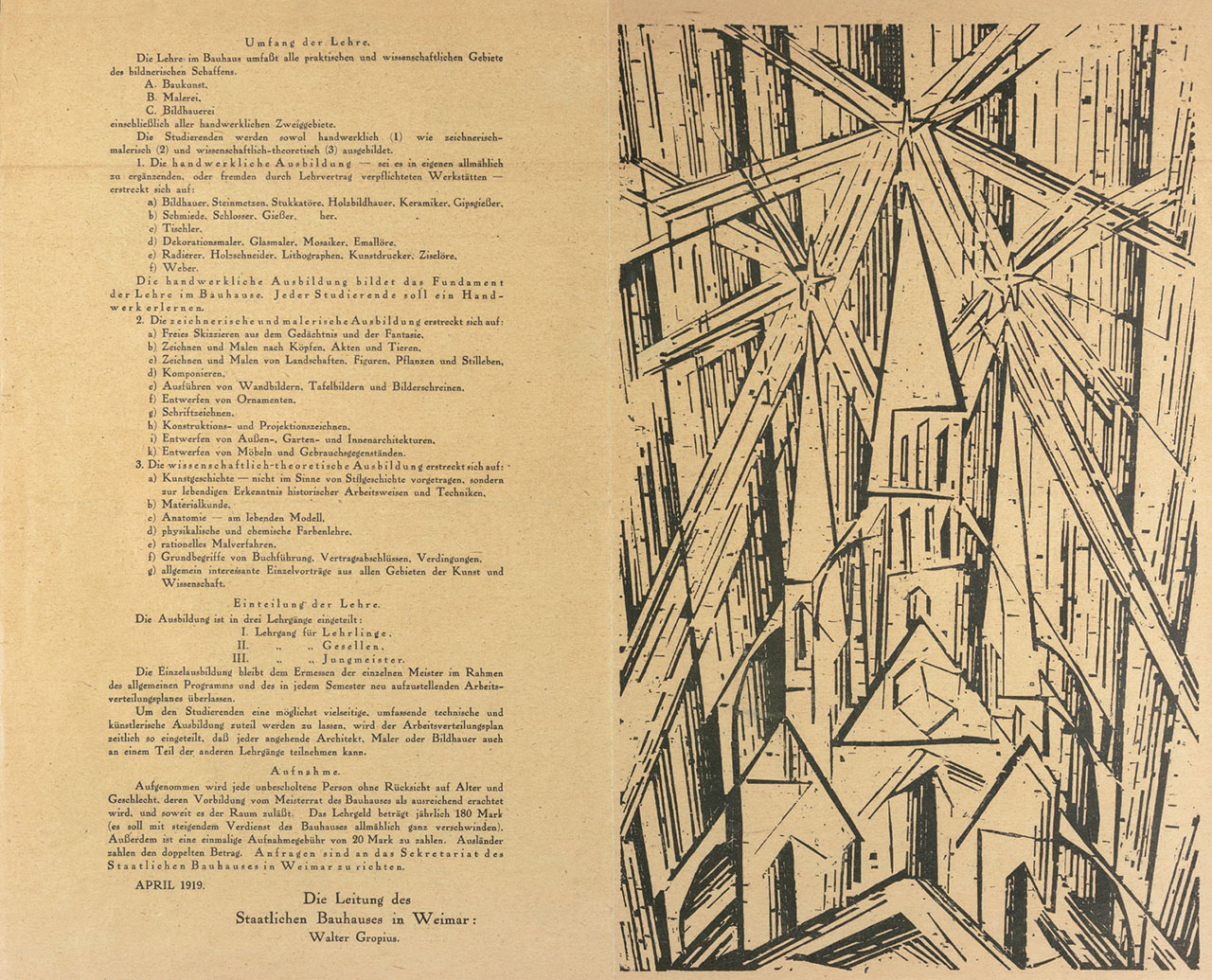 Walter Gropius (Text), manifesto and programme of the Staatliches Bauhaus in Weimar, 1919, book plate, private estate © VG Bild-Kunst Bonn, 2015.