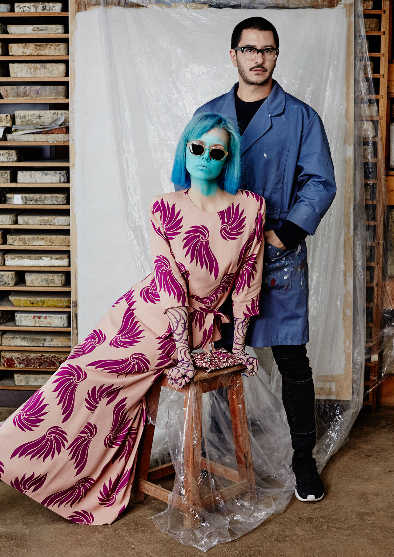 Portrait of the curator Filep Motwary with Ola Rudnicka wearing Dries Van Noten SS2016,
Photography René Habermacher,
Story fashion editor / Curator Filep Motwary. 
© Modemuseum Hasselt.