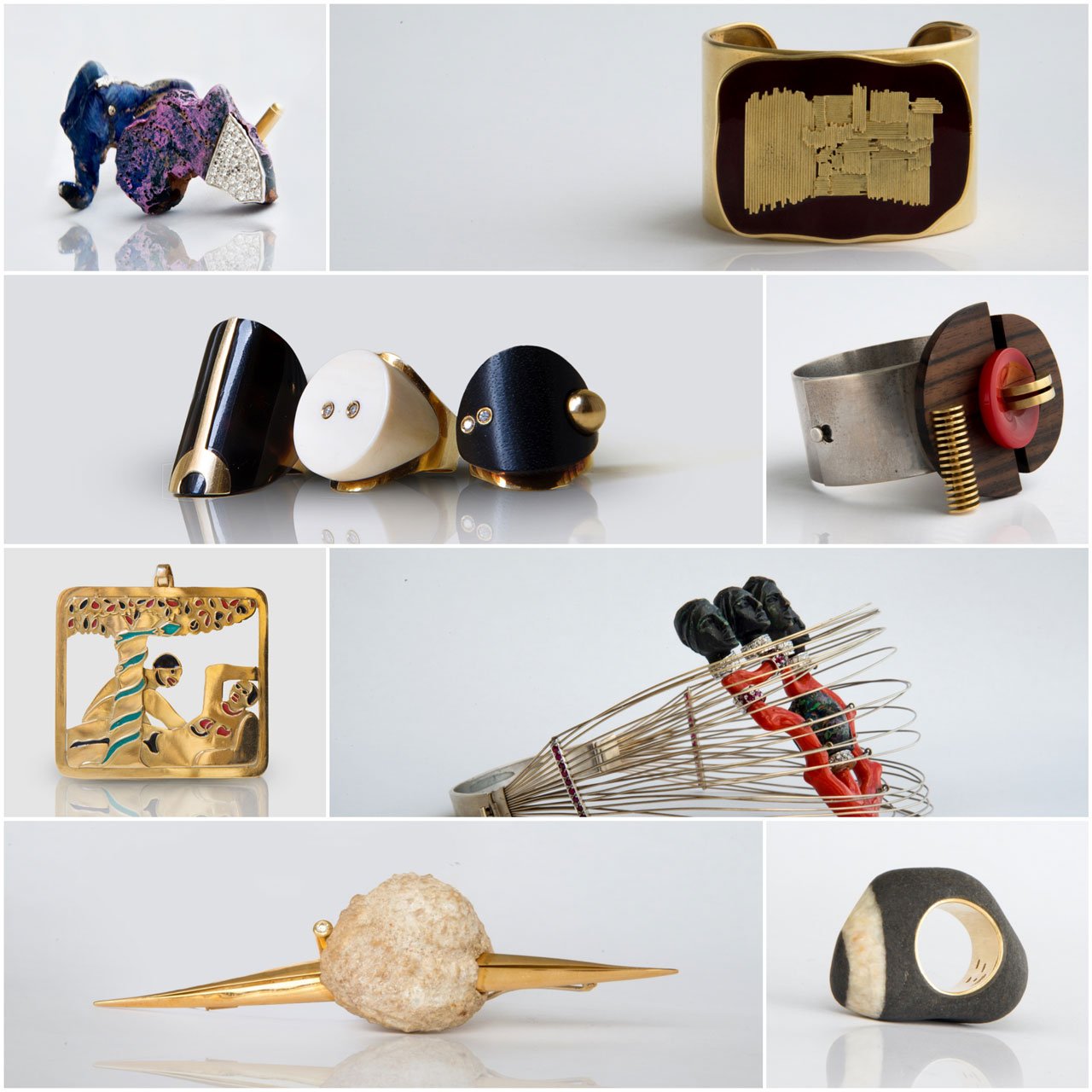 Captions from left to right, top to bottom:&gt; Cufflinks representing elephant /Africa in wood &amp; diamonds, by Armando Tanzini Kenya/ NY, 1977.￼￼￼&gt; Yellow gold bracelet with red enamel by Saverio Cavalli, Italy, 1962.&gt; Gold and ivory ring by Paolo Spalla / Gold and ebony ring by Paolo Spalla / Gold and turtle ring by Paolo Spalla, (1960)&gt; Gold and silver bracelet with red perspex on wood by Saverio Cavalli, Italy, 1968.&gt; Pendant in gold and polychrome enamel representing Adam and Eve, by Salvatore Fiume, Italy, 1970.&gt; White gold,coral and diamonds necklace representing 5 woman faces,by Armando Tanzini, Kenya,New york, 1977.&gt; Gold and fossil brooch, by Paolo Spalla, Italy, 1960.&gt; Gold and stone ring by Paolo Spalla, Italy, 1960.Tiziana Serretta, private collection, photographs by Javier Alejandro.