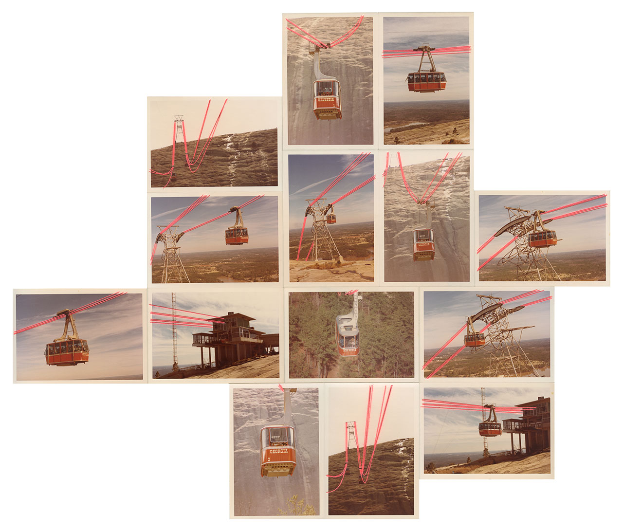 Julie Cockburn, Cable Car, 2019. Hand embroidery and ink on found collaged photographs. © Julie Cockburn, courtesy of Flowers Gallery.  