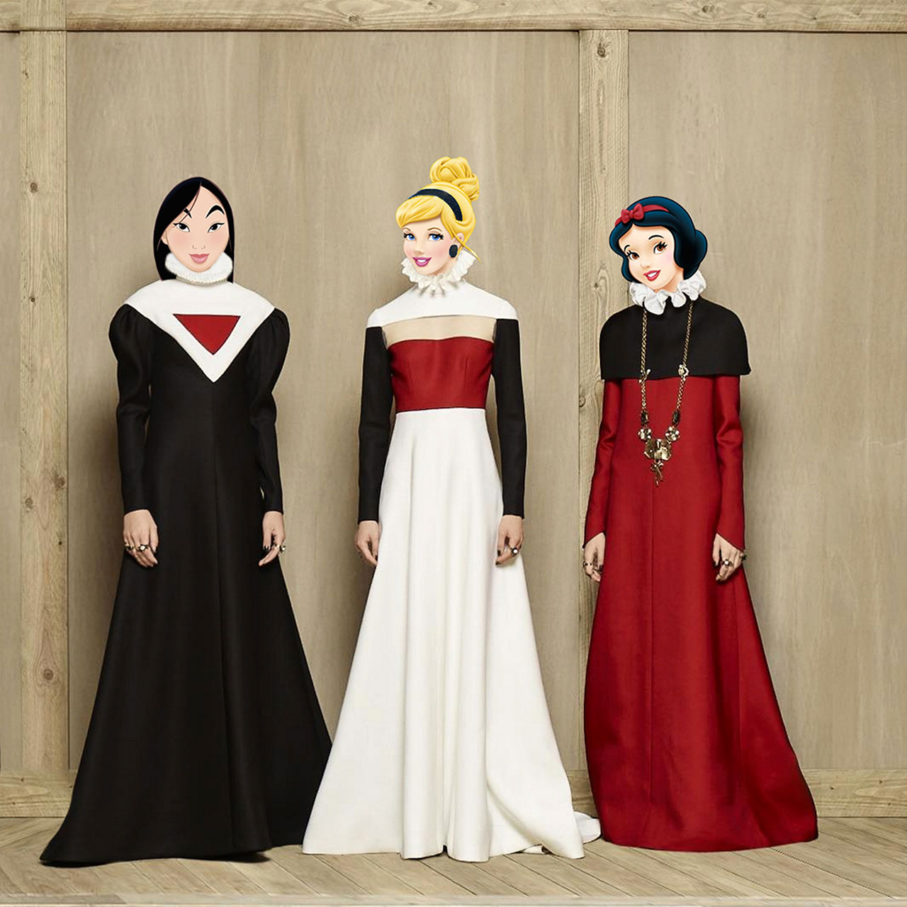 花木兰、灰姑娘和白雪公主从时装秀中直接取代了 Valentino 2016-17 秋冬高级定制时装系列中的模特。 照片由 Gregory Masouras 编辑。