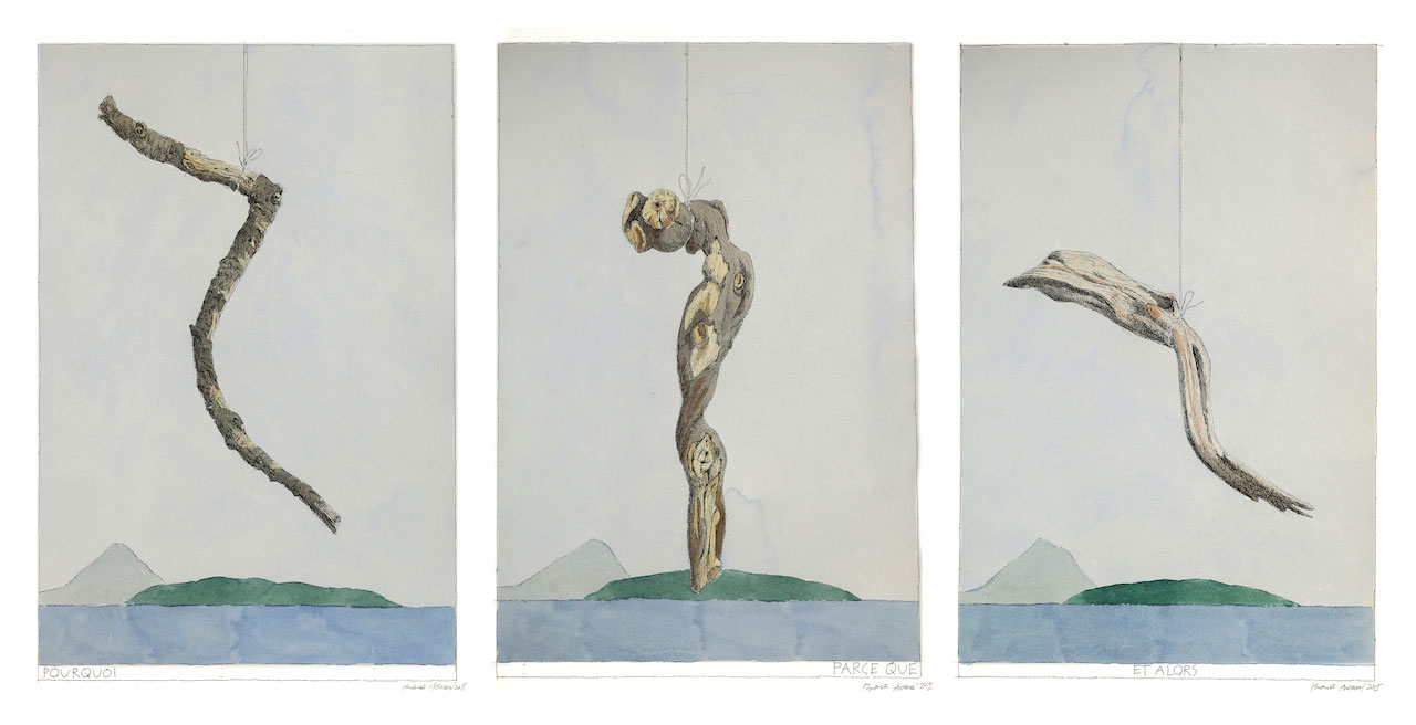 尼基塔·阿列克谢耶夫。 来自 Dessins 方言系列。 2015. 水墨纸本水彩。 3 幅图纸，每幅 50.5 x 30.5 厘米。 由 Galerie Iragui 提供。