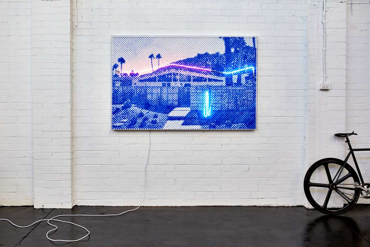Tom Adair, Desert Los Vista, Airbrush acrylic polymer and neon on dibond, acrylic frame, 120x180cm. © Tom Adair.