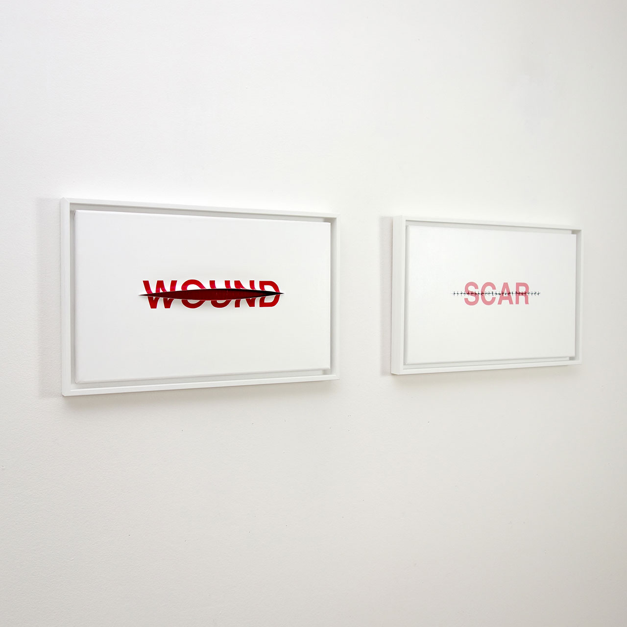 Anatol Knotek, (from left to right) wound, 30 cm x 50 cm, acrylic on canvas, sliced (framed). scar, 30 cm x 50 cm, acrylic on canvas, sliced, stitched (framed) © 2014.