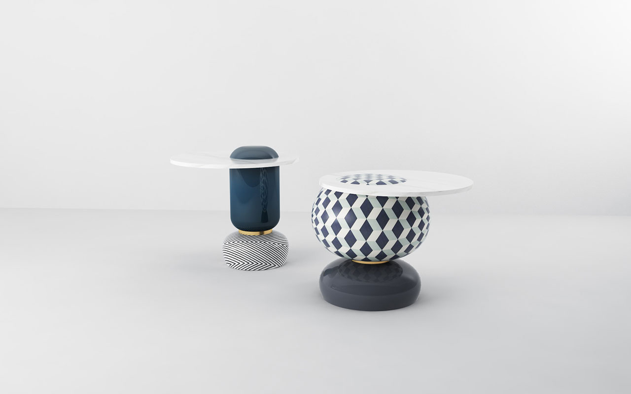 Stephanie Sayar &amp; Charbel Gharibeh,  Gentlemen tables. GM 1: ceramic body- hand painted ceramic base- Carrara marble top- metal structure- polished brass ring. 46 x 58 x 58cm W. GM 2: colored glass body- hand painted ceramic base- Carrara marble top- metal structure- polished brass ring. 50 x 56 x 56cm.