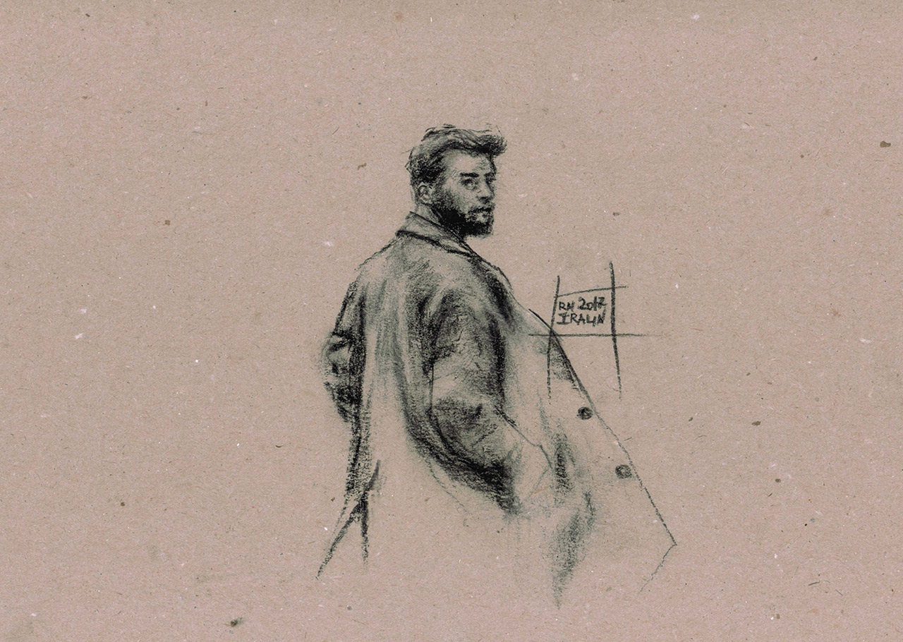 Rustam Iralin, Portrait of man in coat, 2017, A4, pencil on craft paper.