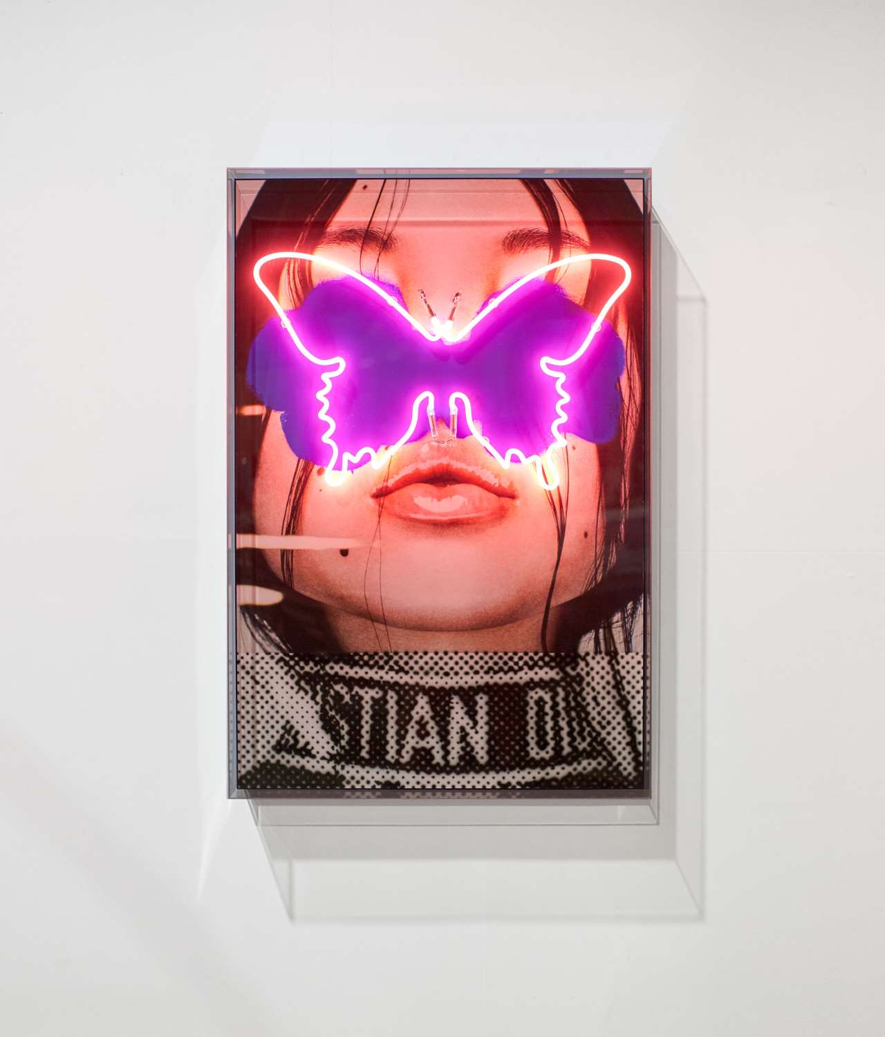Dina Broadhurst x Tom Adair, Flutterby, Exclusive limited edition of 10 pieces, 80 x 120 x 16 cm. Giclee print on smooth cotton rag paper, mounted on dibond, airbrush acrylic, hand bent glass neon in pink, clear acrylic box frame with blue mirror acrylic edging, requires 240v. © Tom Adair.