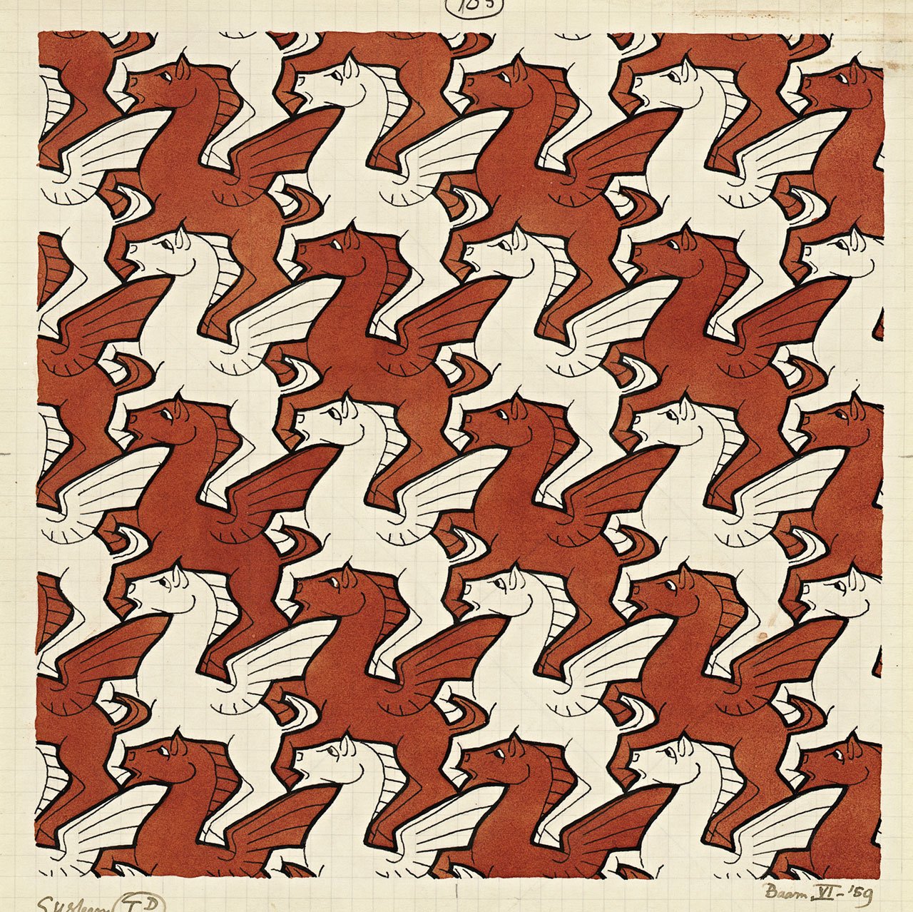 MC Escher，飞机的常规划分。 105 (Pegasus) 1959 年 6 月，方格纸上的钢笔和墨水、铅笔和水彩。 Escher 收藏，荷兰海牙 Gemeentemuseum Den Haag © The MC Escher Company，荷兰。 版权所有。 