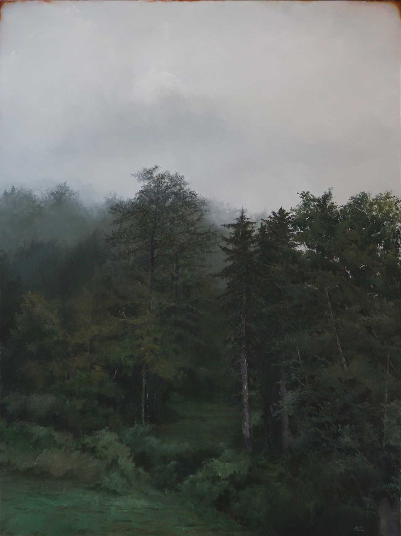 亚当·霍尔，《穿越树林》，30" x 40"，面板上的油。 由 Robert Lange Studios 和艺术家提供。