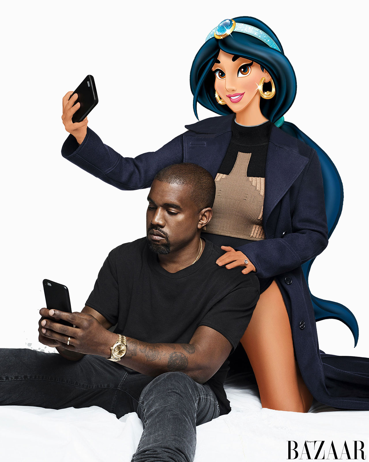 Kim Kardashian as Jasmine with Kanye West in Harper's Bazaar US September issue. Photographed by Karl Lagerfeld, styled by Carine Roitfeld, photo edit by Gregory Masouras.