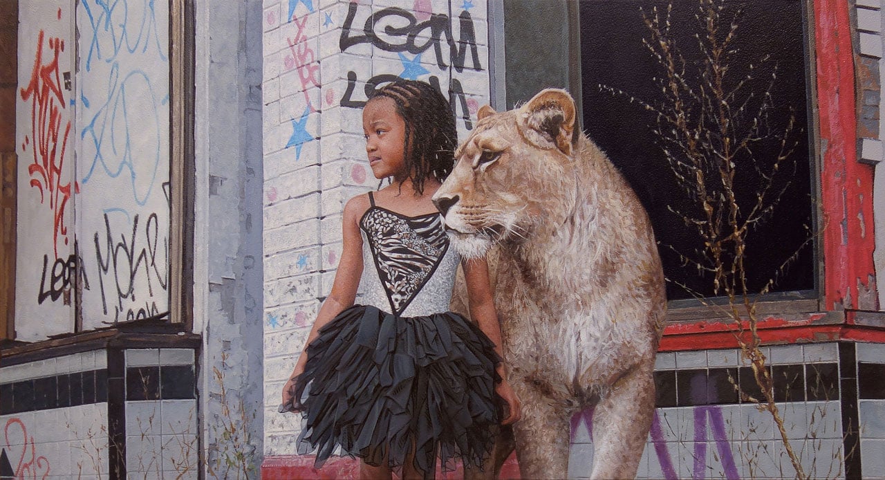 Kevin Peterson, Indie Lion, 2017. Oil on wood panel, 71 × 38cm. © Kevin Peterson.