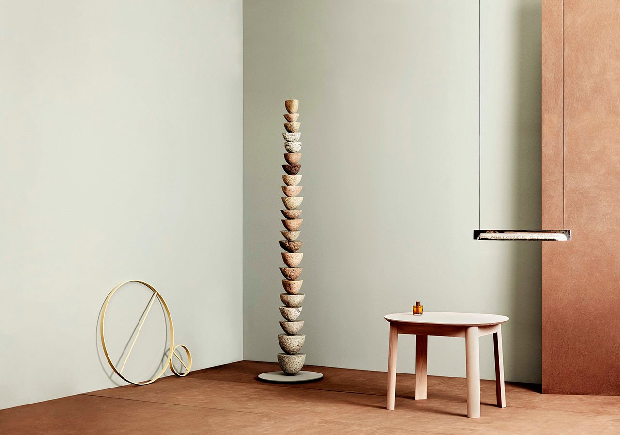 JOIN by Norwegian Presence.
From left: Vestre’s cycle rack Cycle, designed by Sanna Lindström;Tron Meyer’s sculpture Varde; Marte Frøystad’s table Join Me; Erik Wester’s Volume Vases and the lamp Alter, designed by Stine Aas.
Styling by Kråvivk&amp;D'Orazio, photo  by Trine Hisdal.