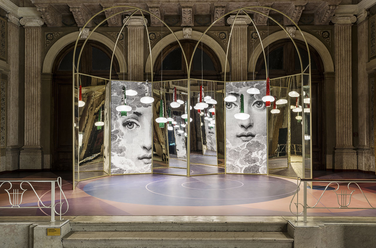 Installation view of the KOSMOS exhibition by WonderGlass at the Istituto dei Ciechi. Pictured here: THROUGH THE CLOUDS chandeliers by Fornasetti for Wonderglass.Photo by Leonardo Duggento.