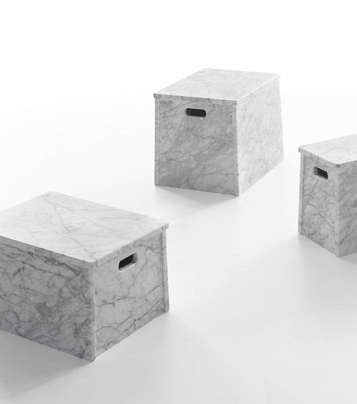 London, Paris, Rome low tables with handles in White Carrara marble by Jasper Morrison for Marsotto Edizioni, 2010.