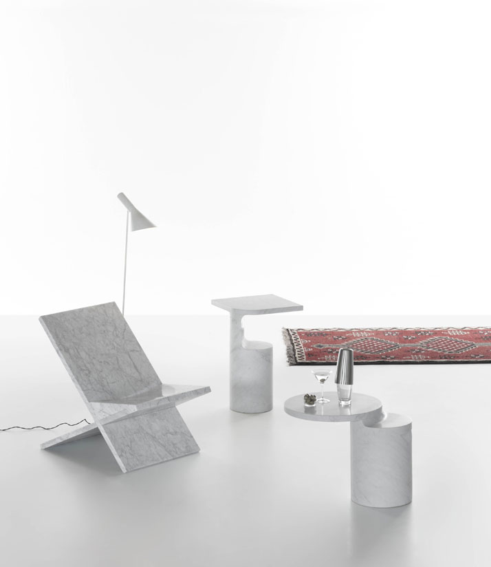 Sultan chair, Galata and Taksim side tables in White Carrara marble by Konstantin Grcic for Marsotto Edizioni, 2010.