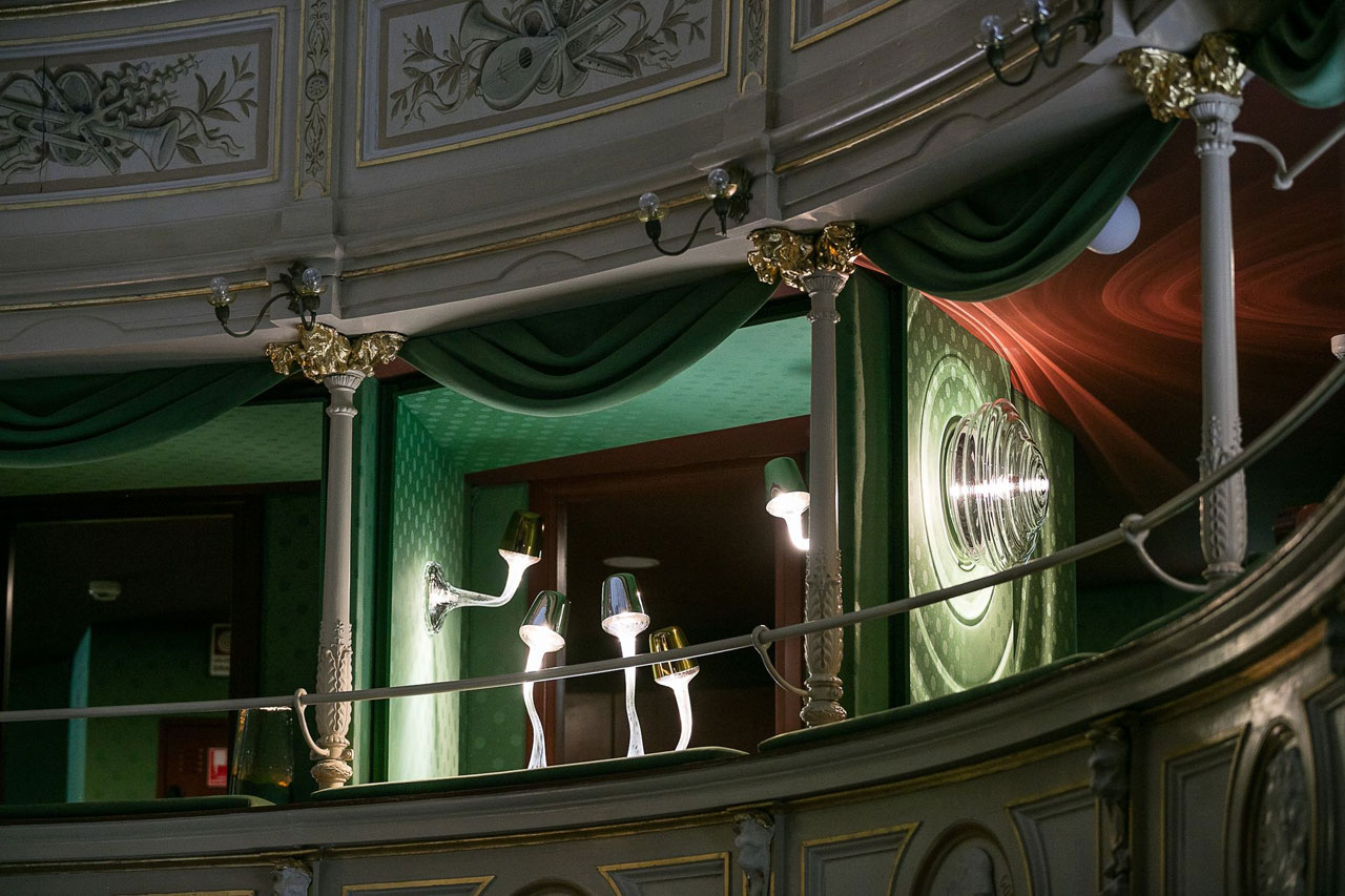 Installation view of the Milano Design Award-winning exhibition "Monster Cabaret" at Teatro Gerolamo by cutting-edge Czech company Lasvit.Photo © Lasvit.