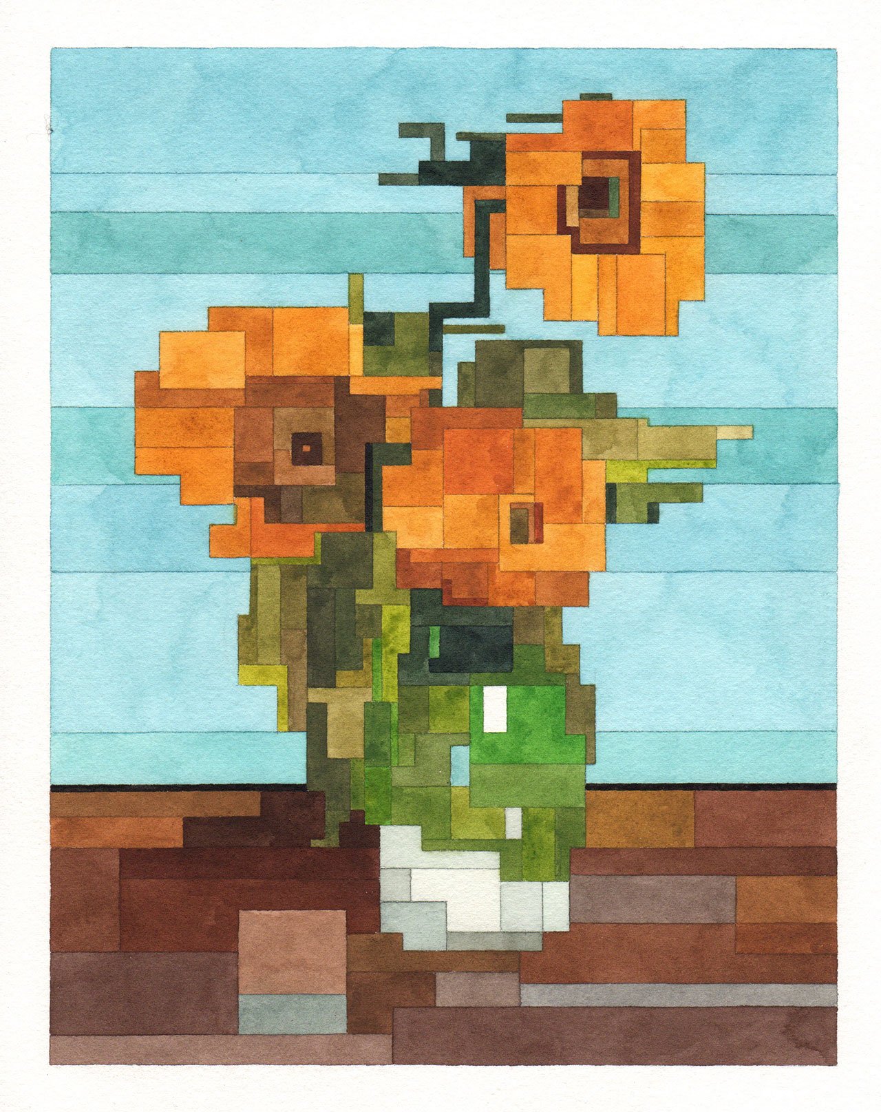 花瓶中的三朵向日葵，亚当·利斯特的艺术史 101 系列。（文森特·梵高的原画，1888 年）。
