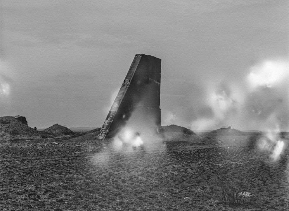 Julian Charrière, Polygon X, 2014. Medium format black-and-white photograph, double exposed through radioactive material, archival pigment print on Hahnemühle Photo Rag Baryta, lead tube containing photographic negative and radioactive specimen from test site in sealed test tube. Courtesy DITTRICH &amp; SCHLECHTRIEM, Berlin.