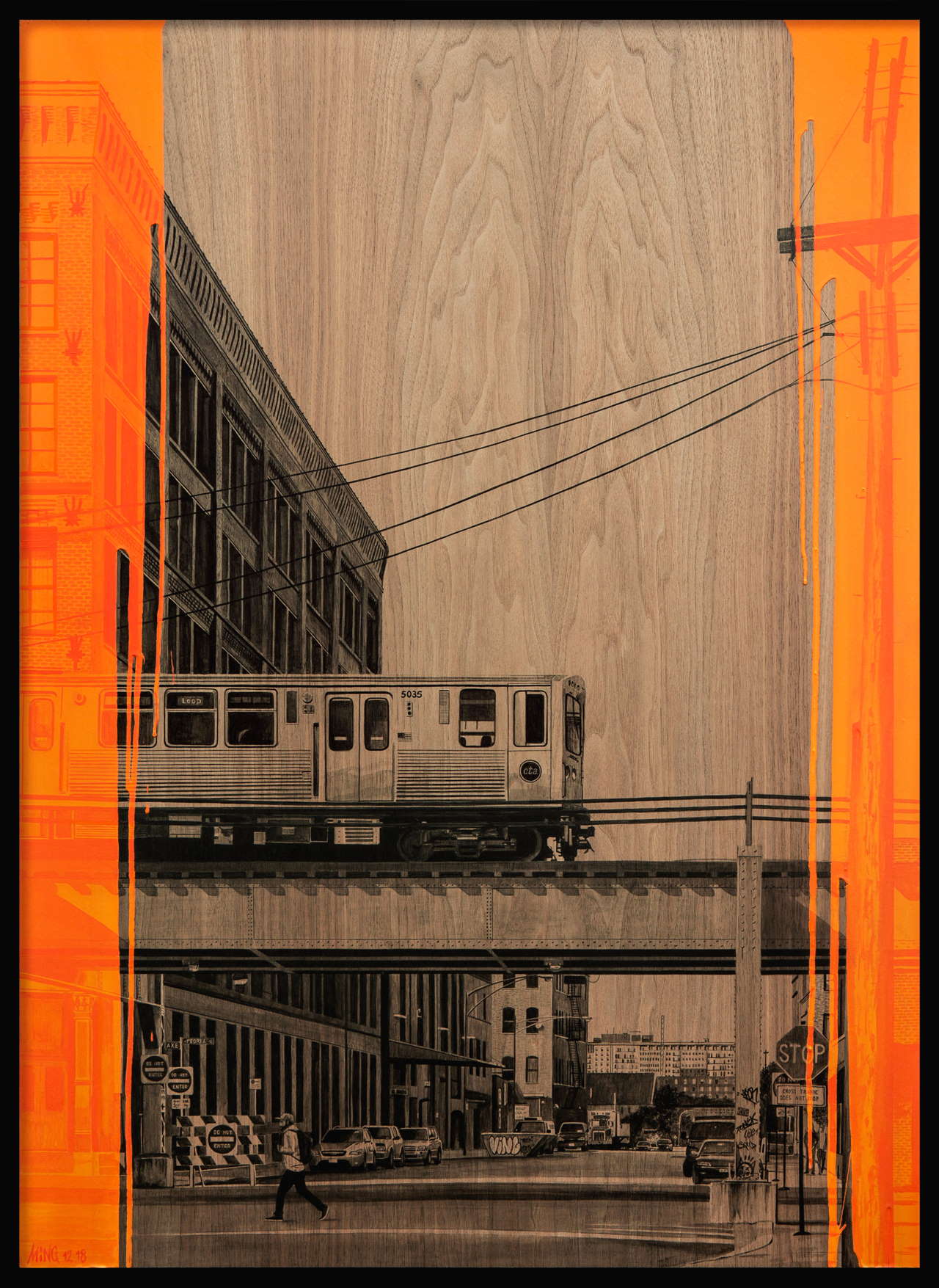 Laurent Minguet，《独自在芝加哥》，2018 年。胡桃木面板上的亚克力，75 x 104 厘米。 © Laurent Minguet。