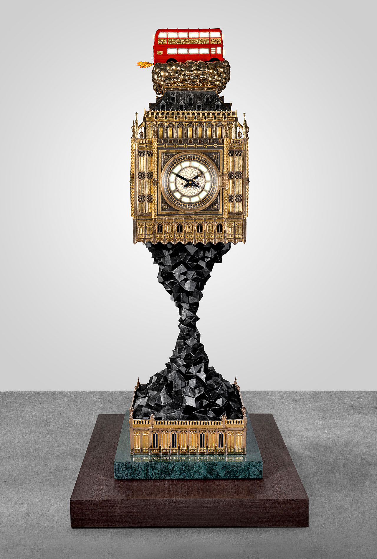 BIG BEN from Aftermath series, 2009–14. Polished and patinated bronze, aluminum, 24-karat gilding, paint, handblown glass, mechanical clockwork and gong, LED light fittings, steel, polished green Guatemalan marble, wenge. Courtesy of Richard and Marcia Mishaan. Photo by Loek Blonk.