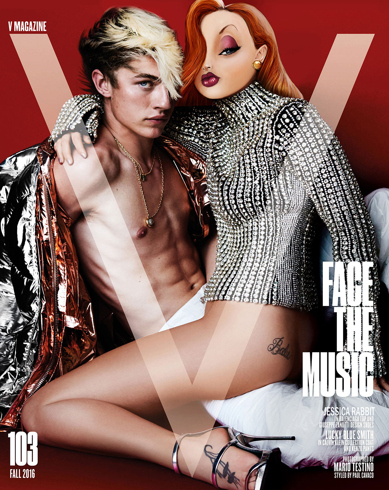 Lucky Blue Smith and Kacy Hill as Jessica Rabbit from the cover of the September 2016 issue of V magazine. Photographed by Mario Testino, photo edit by Gregory Masouras.