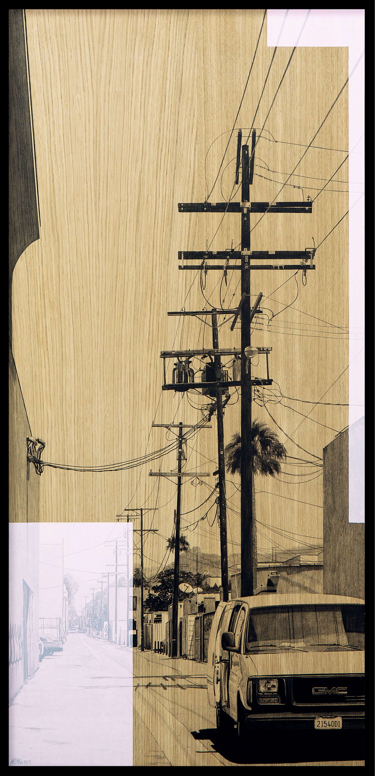 Laurent Minguet，《运往洛杉矶》，2019 年。亚克力橡木板，60 x 128 厘米 - 2019。© Laurent Minguet。