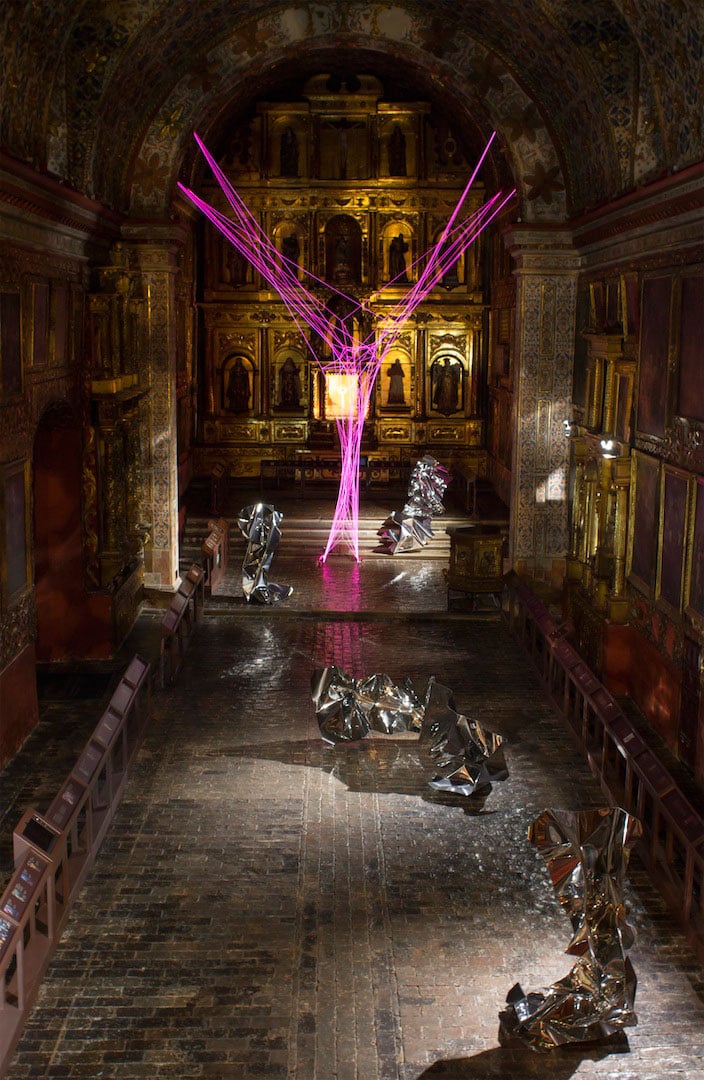 Aldo Chaparro, Portal. Stainless steel and electroluminescent wires installation. 2013. Installation view at the Church of Santa Clara in Bogotá, Colombia. Photo by Manuel Velazquez, courtesy PEANA Projects.