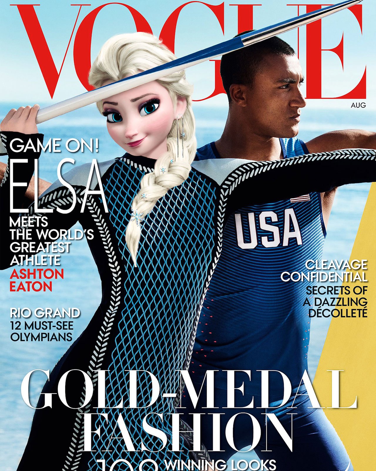 Gigi Hadid as Elsa meets Ashton Eaton from the cover of the August 2016 issue of Vogue Magazine. Photographed by Mario Testino, photo edit by Gregory Masouras.