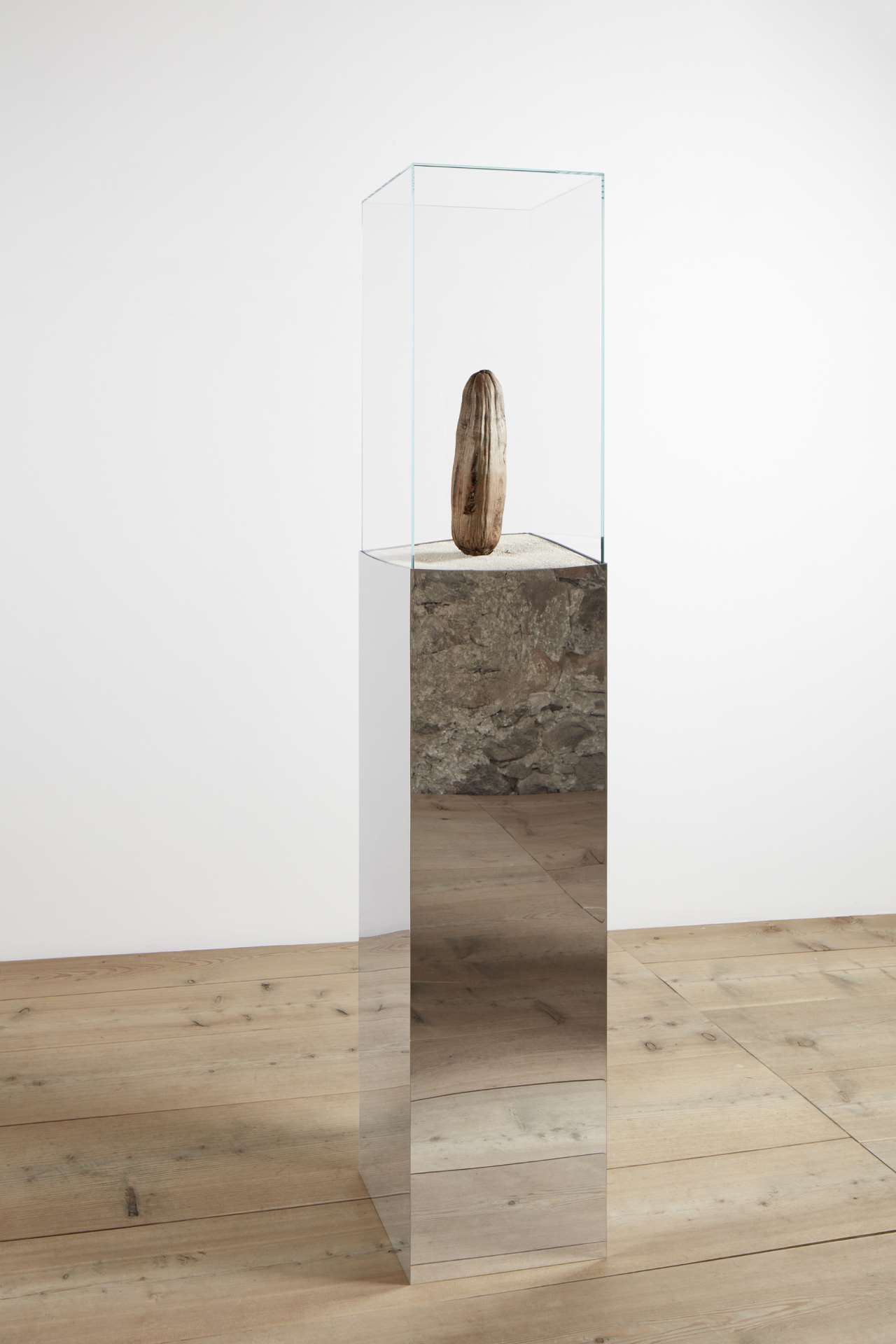 Julian Charrière, Lost at Sea - Pikini-Fragment, 2016. Found bikinian coconut, high-polished stainless steel pedestal, coral sand, white glass vitrine. Courtesy the artist; DITTRICH &amp; SCHLECHTRIEM, Berlin; Galerie Tschudi, Zuoz.