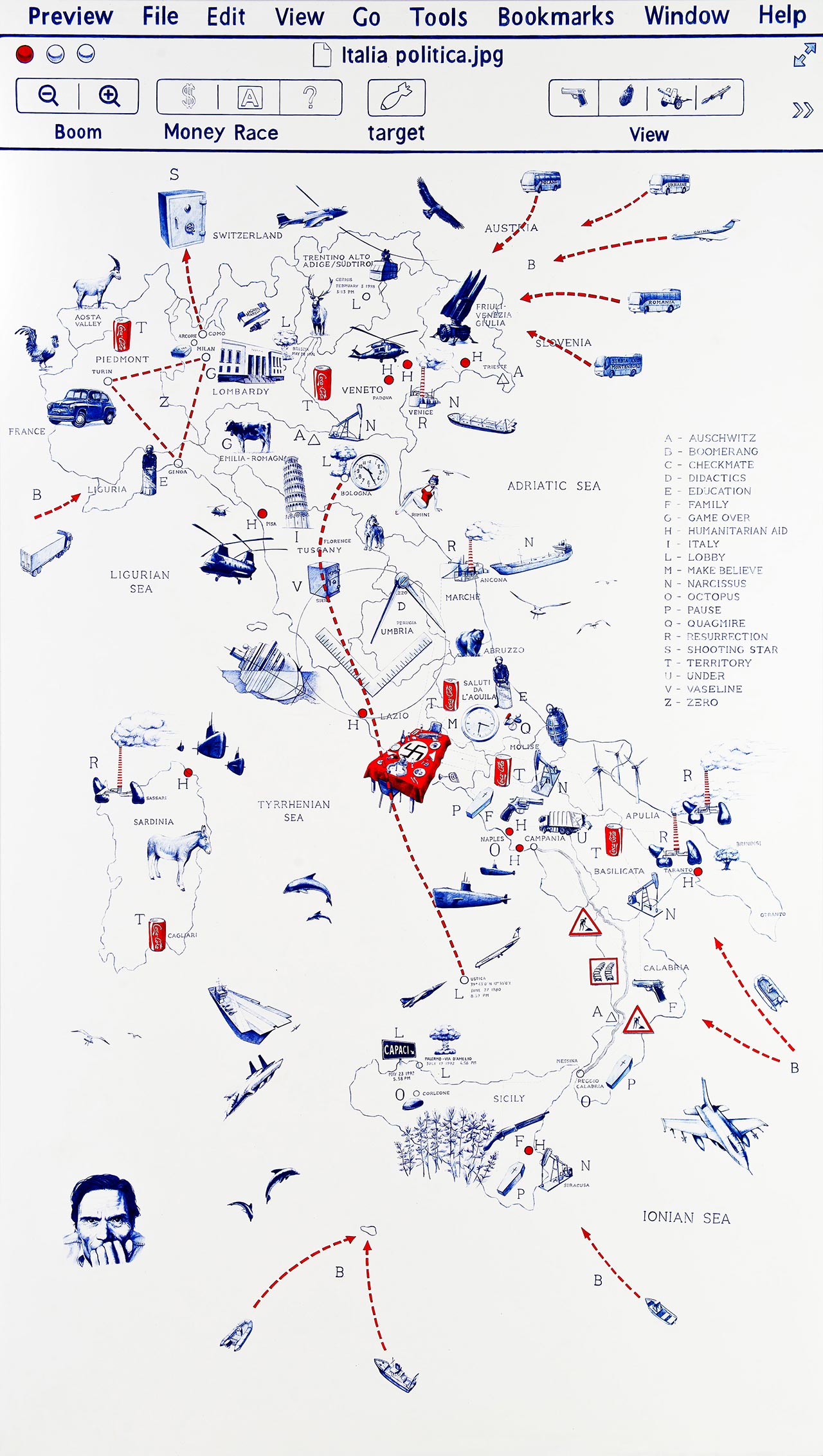 Giuseppe Stampone, Made in Italy, 2012. Bic pen on prepared wooden board, 220×120 cm © Giuseppe Stampone, MLF | Marie-Laure Fleisch Gallery.