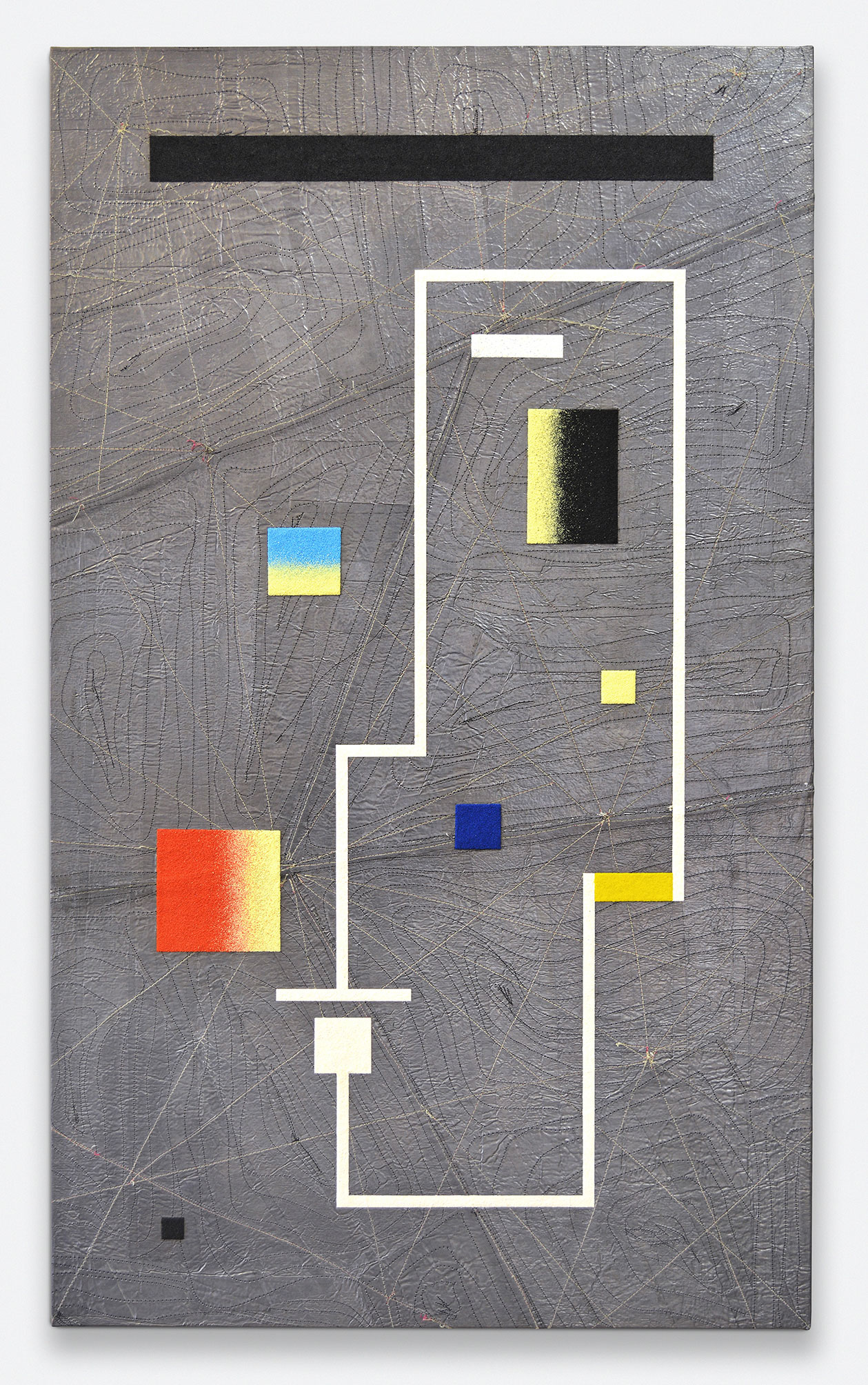 Leonardo Ulian, Matrix board 10 - Light emitting rectangle, 2017, Lead, canvass, wood,mdf, thread, colour sand, varnish, 115x68x4,5 cm. Courtesy: The Flat – Massimo Carasi. Photo by the artist.