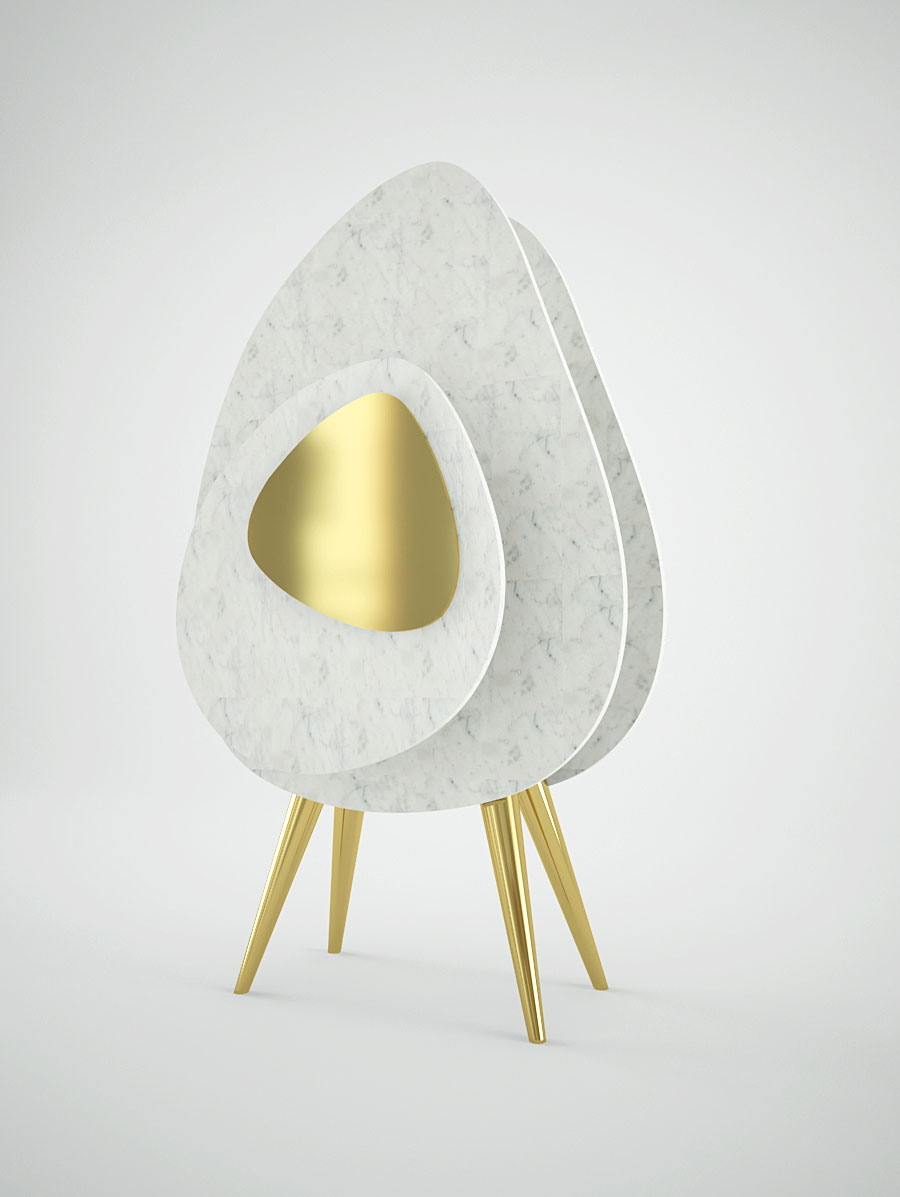 Loulwa Al Radwan, bookshelf in Carrara marble and brass from the PEACOCK collection. The design was inspired by the tail of the white peakock.