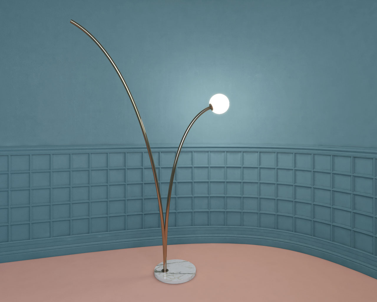 BALZO floor lamp by Studio Lievito. A curved metal tube simulates the ascending and descending parabola of a sphere during a rebound.